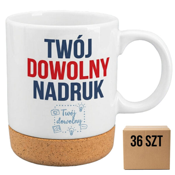 36KUB330CORKWHITE Kubek AA 330 ml z korkiem biały połysk ceramiczny -001 Kubek biały z korkiem 330 ml + Twój dowolny nadruk 36 sztuk