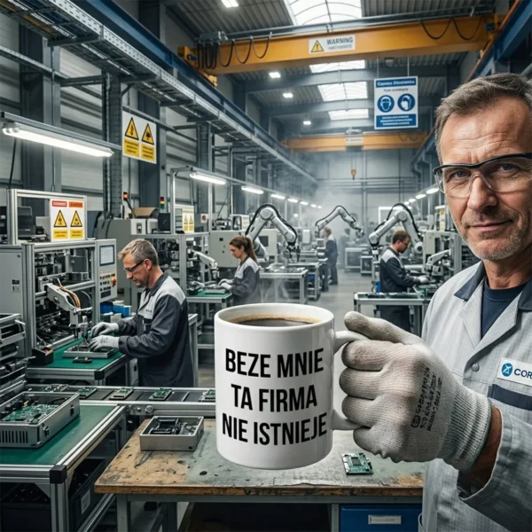 Kubek 330ml-A-Biały-z-nadrukiem-KUB330ABKJOB002-004 KUBEK BEZE MNIE TA FIRMA NIE ISTNIEJE Na prezent Dla PRACOWNIKA