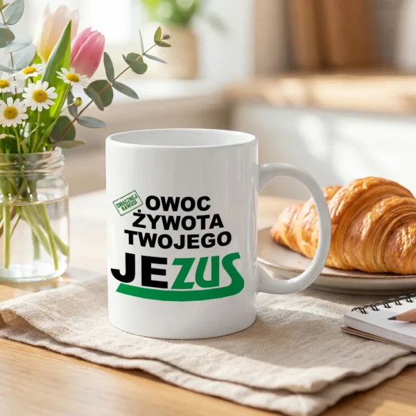 KUB330AZUS1 -004 Kubek OWOC ŻYWOTA TWOJEGO JEZUS Śmieszny na Prezent do PRACY SmacznejKawusi