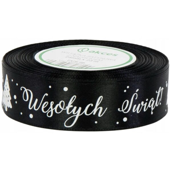 Taśma WSTĄŻKA do wiązania PREZENTÓW 22 m x 2,5 cm Czarna Wesołych Świat